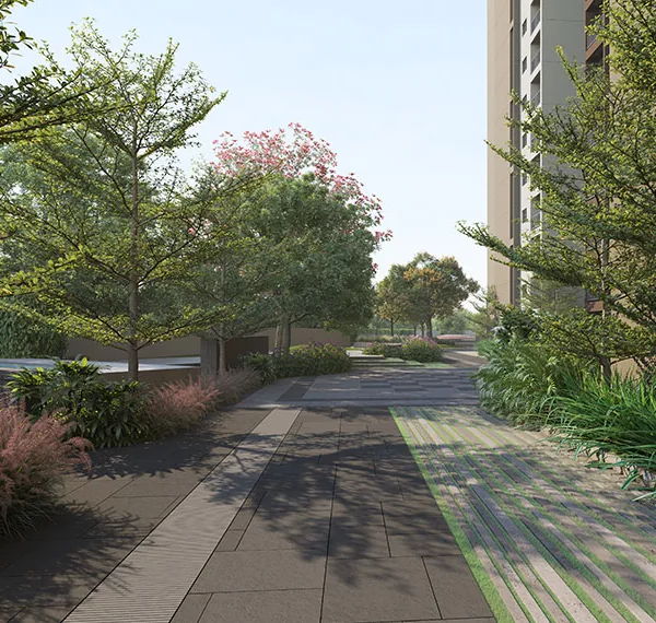 Orchid Life by Goyal & Co., Gunjur Road, artistic impression A tree-lined walk beside a lawn below an apartment tower at Orchid Life