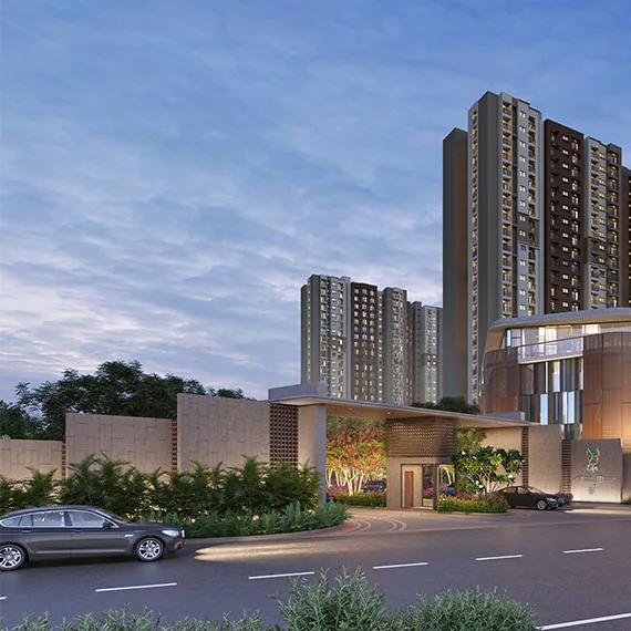 Orchid Life by Goyal & Co., Gunjur Road, artistic impression The entrance canopy and clubhouse below tall towers at dusk at Orchid Life