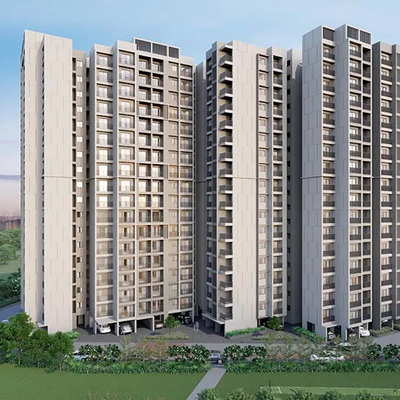 Orchid Bloomsberry by Goyal & Co., Balagere Road, artistic impression Three apartment towers above a green edge in daylight at Orchid Bloomsberry