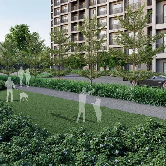 Orchid Bloomsberry by Goyal & Co., Balagere Road, artistic impression A lawn with a walking path and young trees below an apartment block at Orchid Bloomsberry