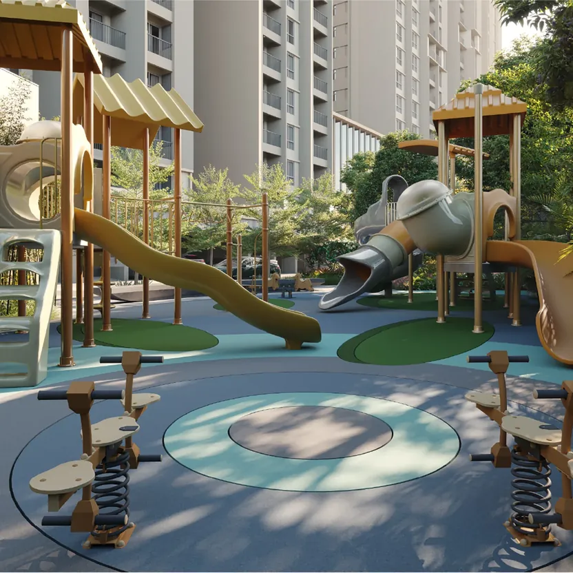 Orchid South Park by Goyal & Co., Electronic City, artistic impression A children’s play area with slides and spring riders among trees at Orchid South Park