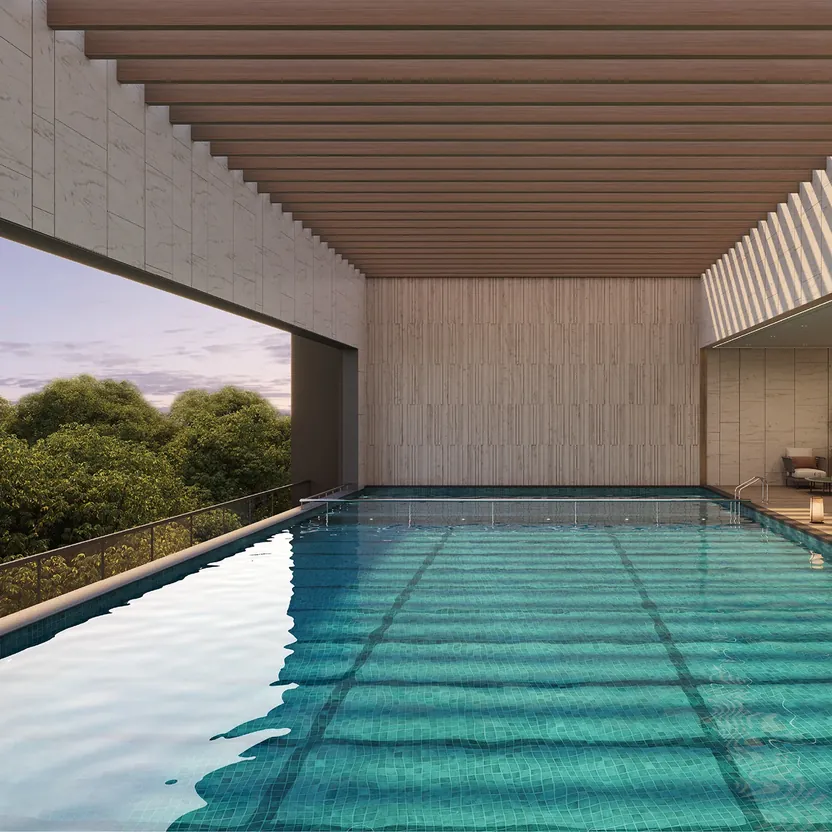 Orchid South Park by Goyal & Co., Electronic City, artistic impression A covered swimming pool with loungers, open to the trees, at Orchid South Park